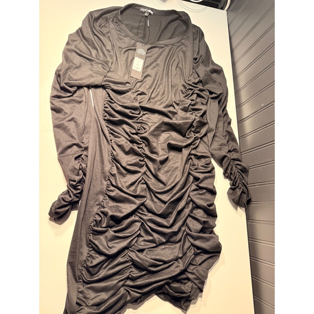 Fashion Nova Take Your Man Ruched Dress Black Long Sleeve Bodycon Mini 1X NEW